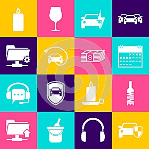 Set Car protection or insurance, Bottle of wine, Calendar, Electric car, and FTP settings folder icon. Vector
