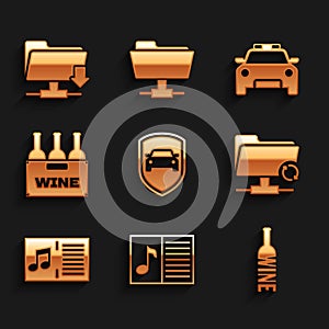 Set Car protection or insurance, Music book with note, Bottle of wine, FTP sync refresh, and Bottles box icon. Vector