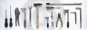 Set of car repair hand tools on white background. Repair service concept.