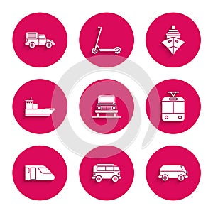 Set Car, Retro minivan, Tram and railway, Train, Cargo ship, and Delivery cargo truck vehicle icon. Vector