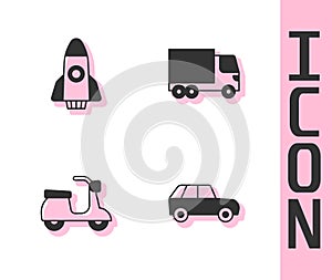 Set Car, Rocket ship, Scooter and Delivery cargo truck icon. Vector