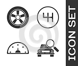 Set Car search, Car wheel, Speedometer and Gear shifter icon. Vector