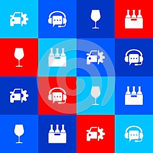 Set Car service, Headphones with speech bubble, Wine glass and Bottles of wine box icon. Vector