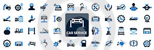 Set car service icons, another technical inspection, repair of breakdowns, auto washing and painting, towing, cleaning, jack