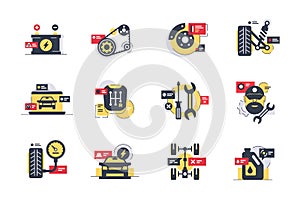 Set car service icons with tires, motor, transmission, repair tool.