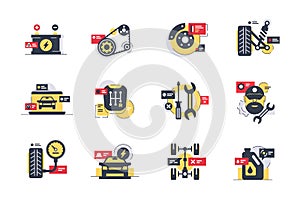 Set car service icons with tires, motor, transmission, repair tool. photo