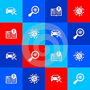 Set Car service, Microorganisms under magnifier, Interesting facts and Bacteria icon. Vector