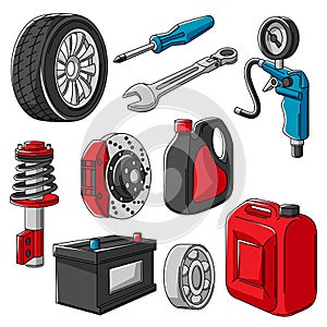 Set of car service objects illustration. Auto center repair and transport items.