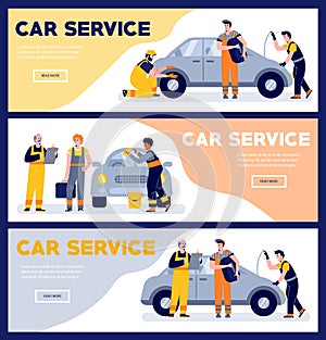 Set of car service scene templates, tire workshop in flat style