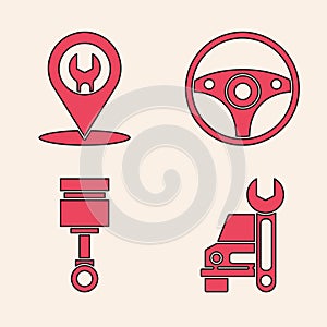 Set Car service, Car service, Steering wheel and Engine piston icon. Vector