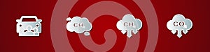 Set Car sharing, Methane emissions reduction, and CO2 cloud icon. Vector