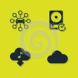 Set Car sharing, Music streaming service, Cloud download music and Hard disk drive with clockwise icon. Vector