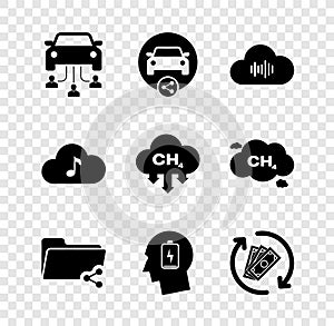 Set Car sharing, , Music streaming service, Share folder, Head with low battery and Refund money icon. Vector