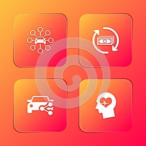 Set Car sharing, Refund money, and Head with heartbeat icon. Vector