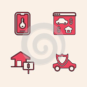 Set Car with shield, Online real estate, and House dollar icon. Vector