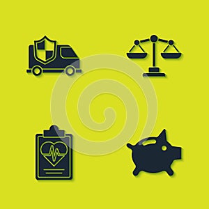 Set Car with shield, Piggy bank, Health insurance and Scales of justice icon. Vector