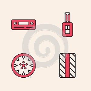 Set Car tire wheel, Audio, key with remote and Alloy icon. Vector