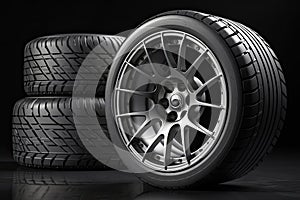 A set of car tires and rims on a black background. Generative ai