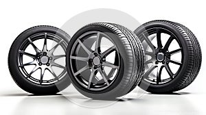 Set of car tires and wheels isolated on a white background. Generative AI