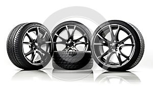 Set of car tires and wheels isolated on a white background. Generative AI