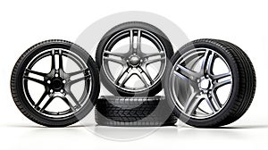 Set of car tires and wheels isolated on a white background. Generative AI