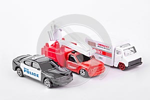 Set of car toys over white background.