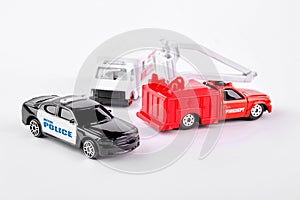 Set of car toys, white background.