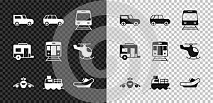 Set Car, Train and railway, Plane, Cargo ship with boxes delivery, Rafting boat, Rv Camping trailer and icon. Vector