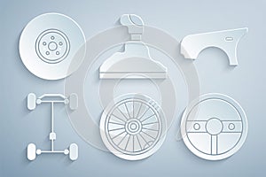 Set Car wheel, fender, Chassis car, Steering, Gear shifter and brake disk icon. Vector