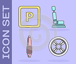 Set Car wheel, Parking, Car spark plug and Car seat icon. Vector