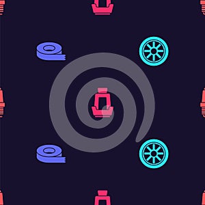 Set Car wheel, Scotch tape, seat and spark plug on seamless pattern. Vector