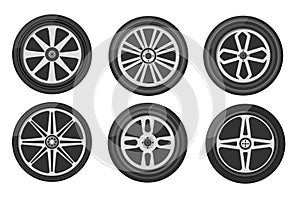 Set of car wheels icon flat, wheel tyre for auto
