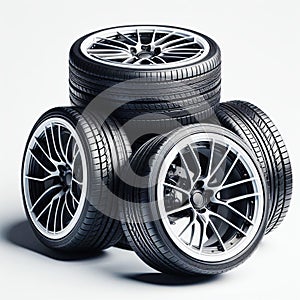 Set of car wheels with tires on a white background, Rubber Tires