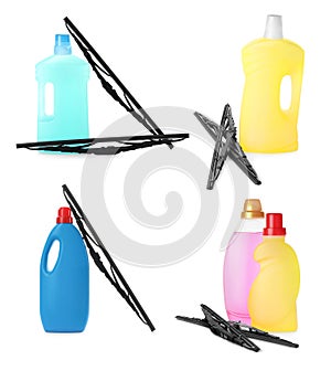 Set with car windshield wipers and washer fluids on white background