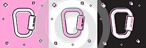 Set Carabiner icon isolated on pink and white, black background. Extreme sport. Sport equipment. Vector Illustration