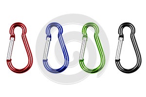 A set of carabiners isolated on a white background - red, green, black color. Close-up studio photo.