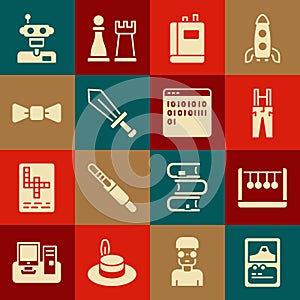 Set Card game, Pendulum, Pants with suspenders, Book, Sword for, Bow tie, Robot and Binary code icon. Vector