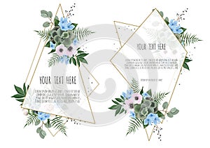 Set of card with leaves and geometrical frame. Floral poster.