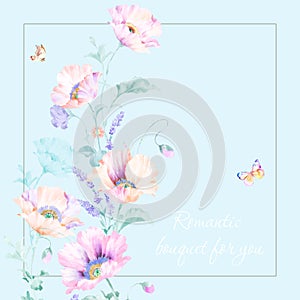 Set of card with pink poppies, butterfly, leaves.