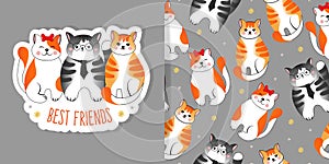 Set of card and seamless pattern with grey and red striped cats on grey background. Vector illustration for children, fabric