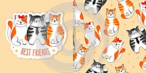 Set of card and seamless pattern with grey and red striped cats on orange background. Vector illustration for children, fabric