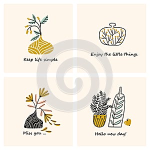 Set of card template with potted flowers and cute phrases. Vector hand-drawn illustration in scandinavian style for home decor.