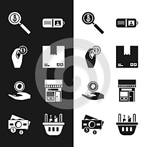 Set Cardboard box with traffic symbol, Hand holding coin money, Magnifying glass dollar, Wallet, Shopping building or