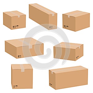 Set of cardboard boxes isolated on white background. Vector carton packaging box. photo