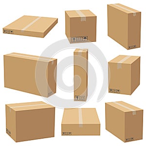 Set of cardboard boxes mockups. Carton delivery packaging box. Vector 3D illustration isolated