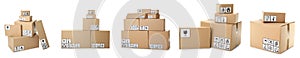 Set of cardboard boxes with packaging symbols on background. Banner design