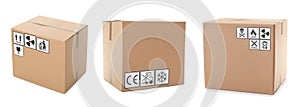 Set of cardboard boxes with packaging symbols on white background. Banner design