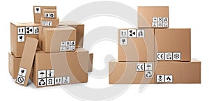 Set of cardboard boxes with packaging symbols on white background. Banner design