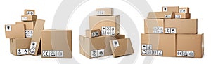 Set of cardboard boxes with packaging symbols on white background. Banner design