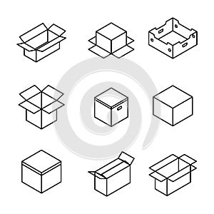 Set of cardboard boxes from thin lines, vector illustration.